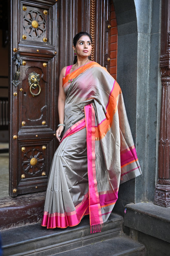 Tarang ~ Handloom Cotton Silk Sleek Designer Border in Grey & Orange Pink