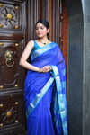 Tarang ~ Handloom Cotton Silk Ari Checks Sleek Designer Border in Marine Blue