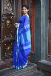 Tarang ~ Handloom Cotton Silk Ari Checks Sleek Designer Border in Marine Blue