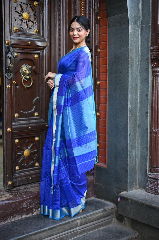Tarang ~ Handloom Cotton Silk Ari Checks Sleek Designer Border in Marine Blue