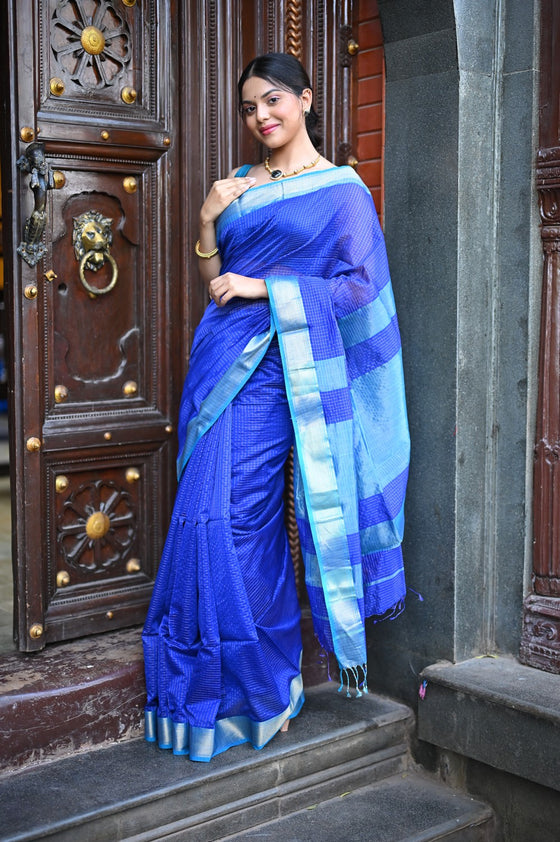 Tarang ~ Handloom Cotton Silk Ari Checks Sleek Designer Border in Marine Blue