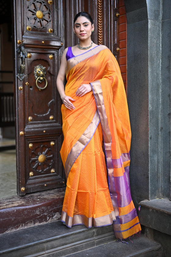 Tarang ~ Handloom Cotton Silk Ari Checks Sleek Designer Border in Orange & Purple