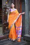 Tarang ~ Handloom Cotton Silk Ari Checks Sleek Designer Border in Orange & Purple