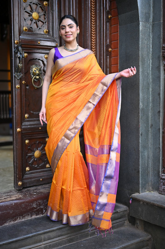 Tarang ~ Handloom Cotton Silk Ari Checks Sleek Designer Border in Orange & Purple