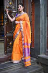 Tarang ~ Handloom Cotton Silk Ari Checks Sleek Designer Border in Orange & Purple