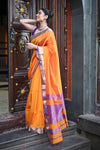 Tarang ~ Handloom Cotton Silk Ari Checks Sleek Designer Border in Orange & Purple