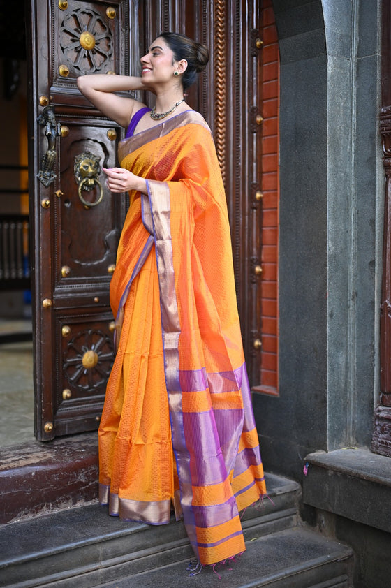 Tarang ~ Handloom Cotton Silk Ari Checks Sleek Designer Border in Orange & Purple