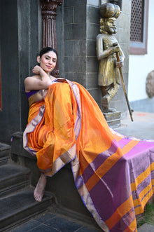  Tarang ~ Handloom Cotton Silk Ari Checks Sleek Designer Border in Orange & Purple