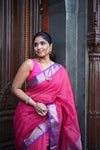 Tarang ~ Handloom Cotton Silk Checks Sleek Designer Border in Majestic Pink & Purple