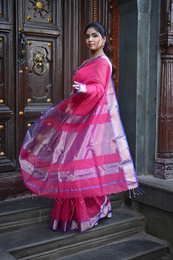 Tarang ~ Handloom Cotton Silk Checks Sleek Designer Border in Majestic Pink & Purple