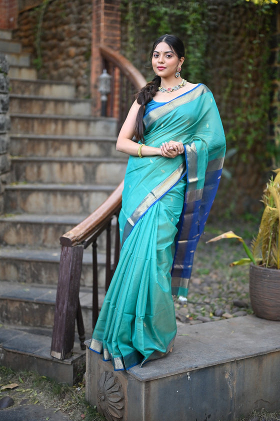 Tarang ~ Handloom Cotton Silk Checks Sleek Designer Border in Sea Blue & Marine Blue