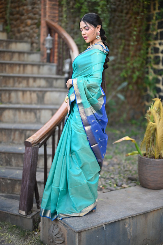 Tarang ~ Handloom Cotton Silk Checks Sleek Designer Border in Sea Blue & Marine Blue