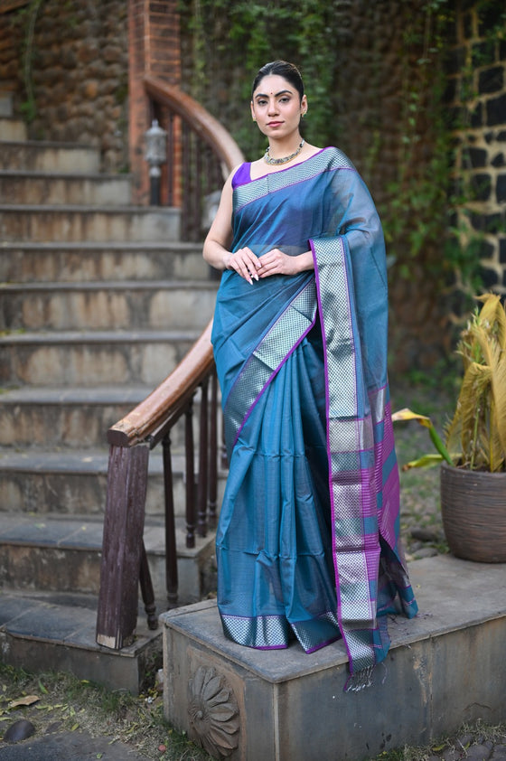 Tarang ~ Handloom Cotton Silk Checks Sleek Designer Border in Copper Blue