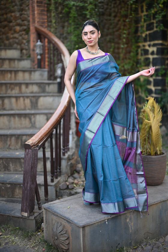 Tarang ~ Handloom Cotton Silk Checks Sleek Designer Border in Copper Blue