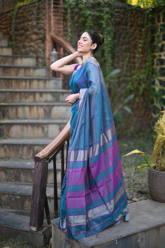 Tarang ~ Handloom Cotton Silk Checks Sleek Designer Border in Copper Blue