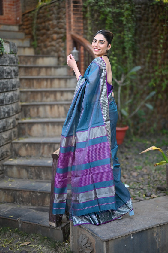 Tarang ~ Handloom Cotton Silk Checks Sleek Designer Border in Copper Blue