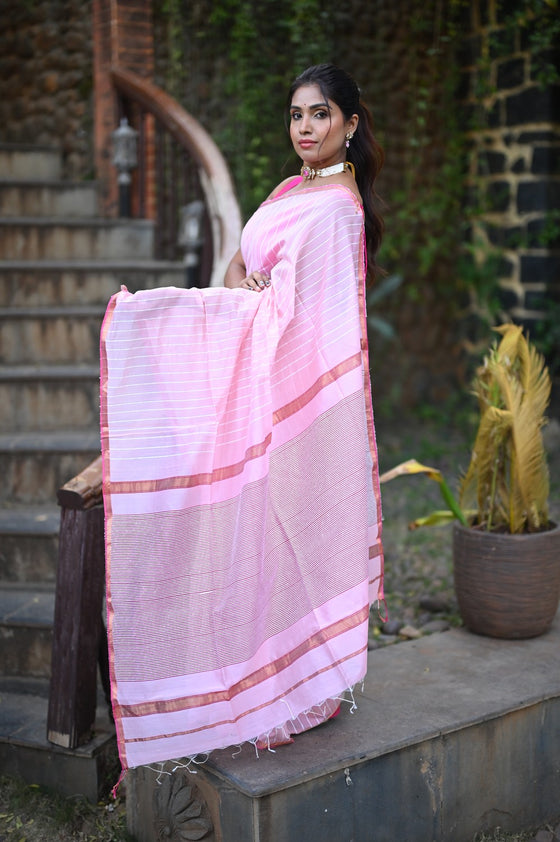Tarang ~ Handloom Cotton Silk Sleek Designer Border in Feather Pink