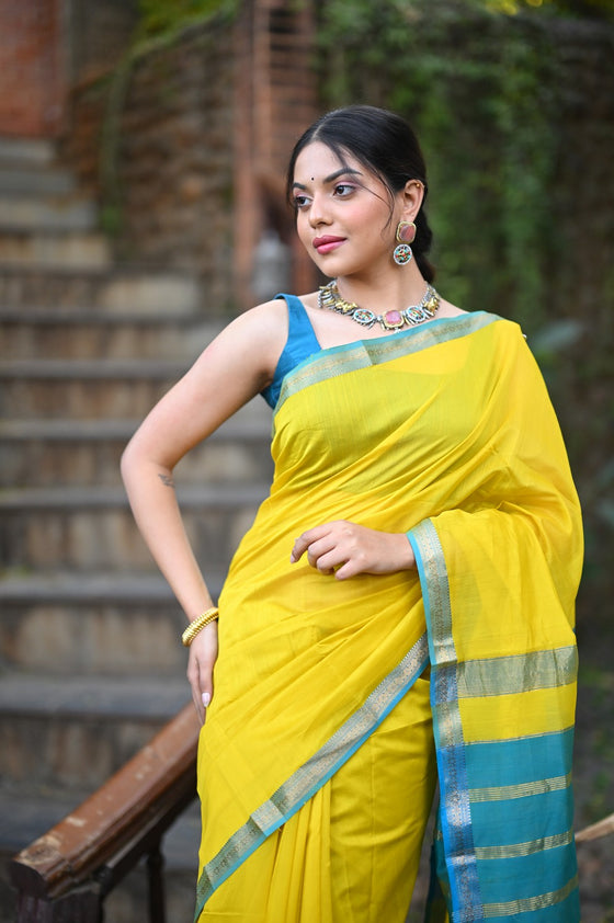 Tarang ~ Handloom Cotton Silk Sleek Designer Border in Bright Yellow & Blue