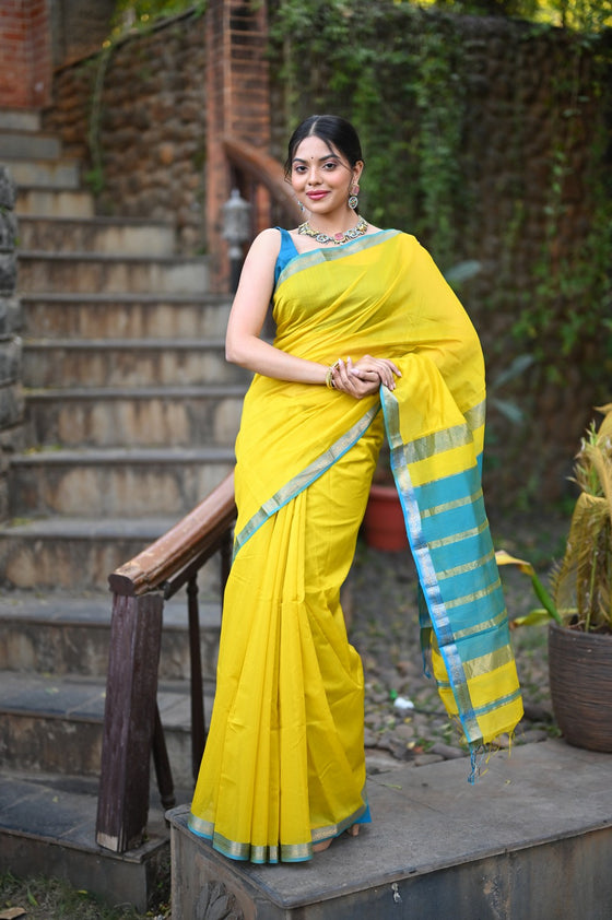 Tarang ~ Handloom Cotton Silk Sleek Designer Border in Bright Yellow & Blue