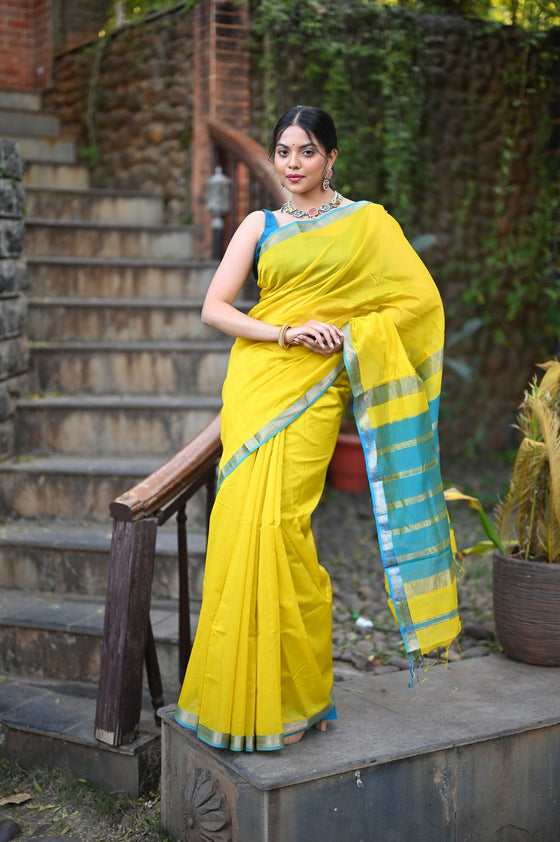 Tarang ~ Handloom Cotton Silk Sleek Designer Border in Bright Yellow & Blue