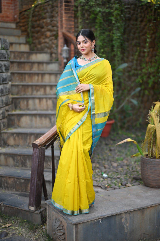 Tarang ~ Handloom Cotton Silk Sleek Designer Border in Bright Yellow & Blue