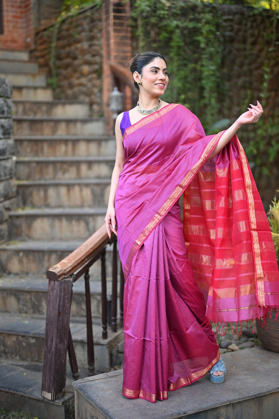 Tarang ~ Handloom Cotton Silk Sleek Designer Border in Magenta Pink & Red