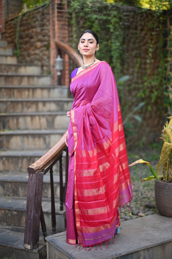 Tarang ~ Handloom Cotton Silk Sleek Designer Border in Magenta Pink & Red