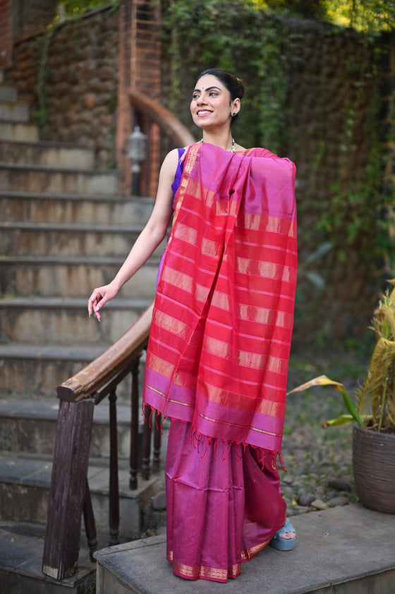 Tarang ~ Handloom Cotton Silk Sleek Designer Border in Magenta Pink & Red