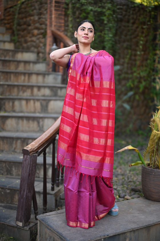 Tarang ~ Handloom Cotton Silk Sleek Designer Border in Magenta Pink & Red