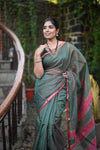 Tarang ~ Handloom Cotton Silk Sleek Designer Border in Dark Green & Pink