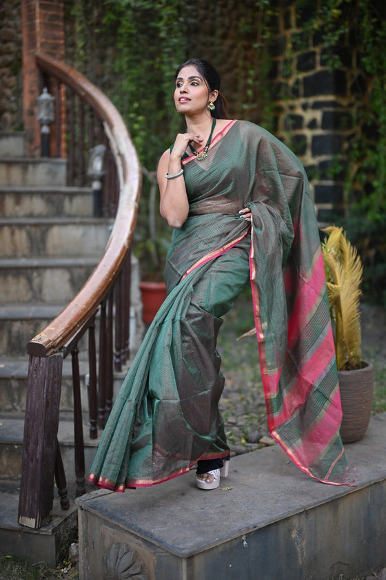 Tarang ~ Handloom Cotton Silk Sleek Designer Border in Dark Green & Pink