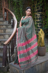 Tarang ~ Handloom Cotton Silk Sleek Designer Border in Dark Green & Pink