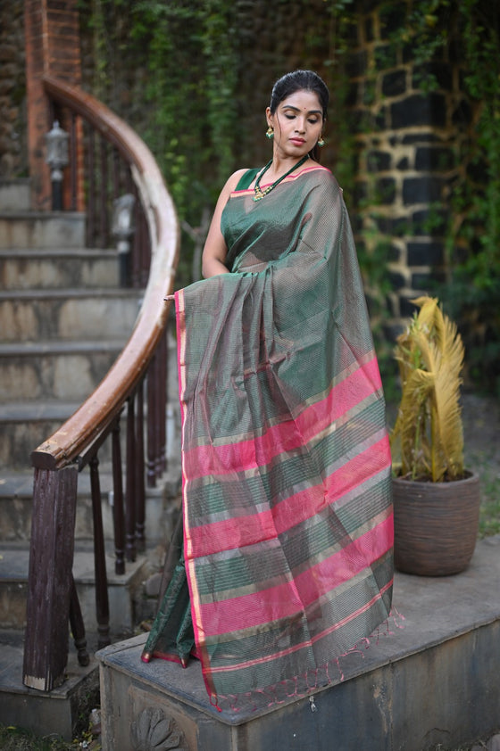 Tarang ~ Handloom Cotton Silk Sleek Designer Border in Dark Green & Pink