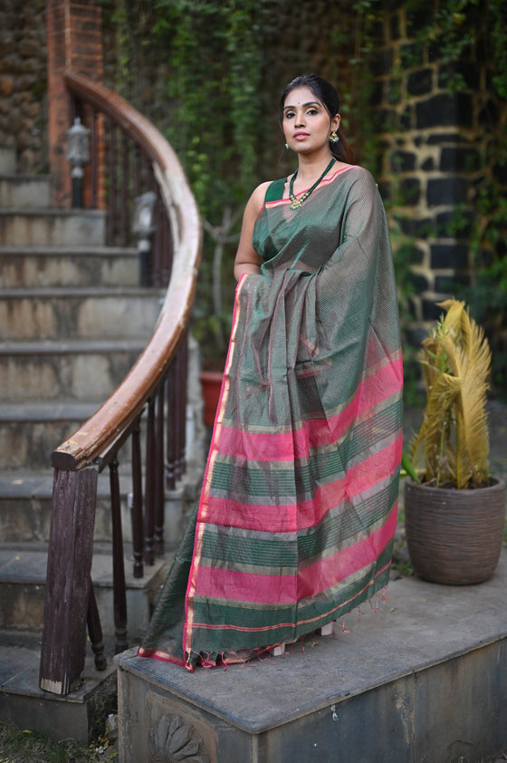 Tarang ~ Handloom Cotton Silk Sleek Designer Border in Dark Green & Pink