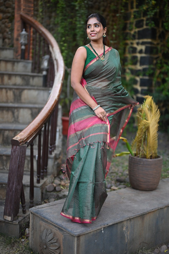 Tarang ~ Handloom Cotton Silk Sleek Designer Border in Dark Green & Pink