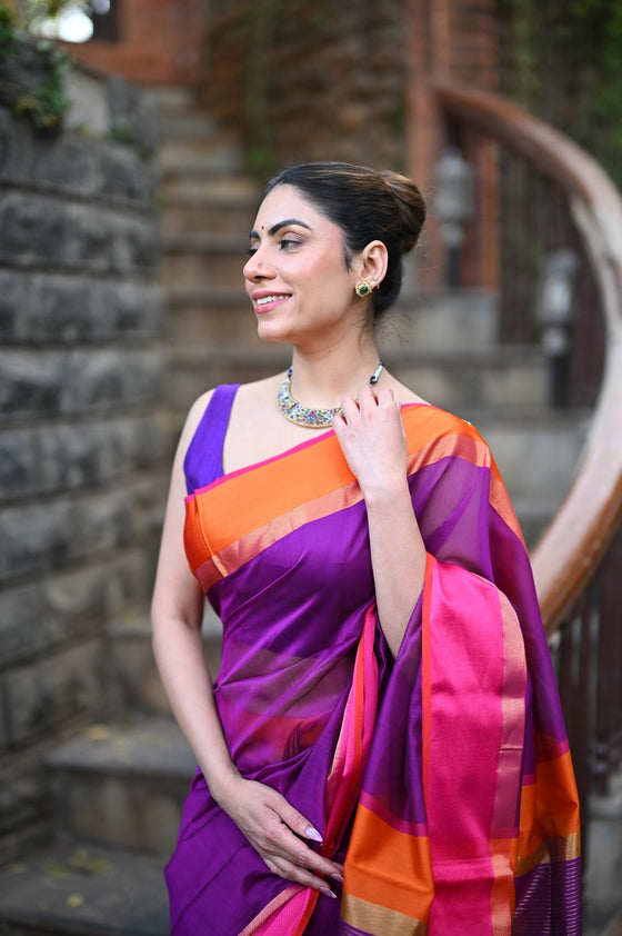 Tarang ~ Handloom Cotton Silk Sleek Designer Border in Purple & Orange Pink