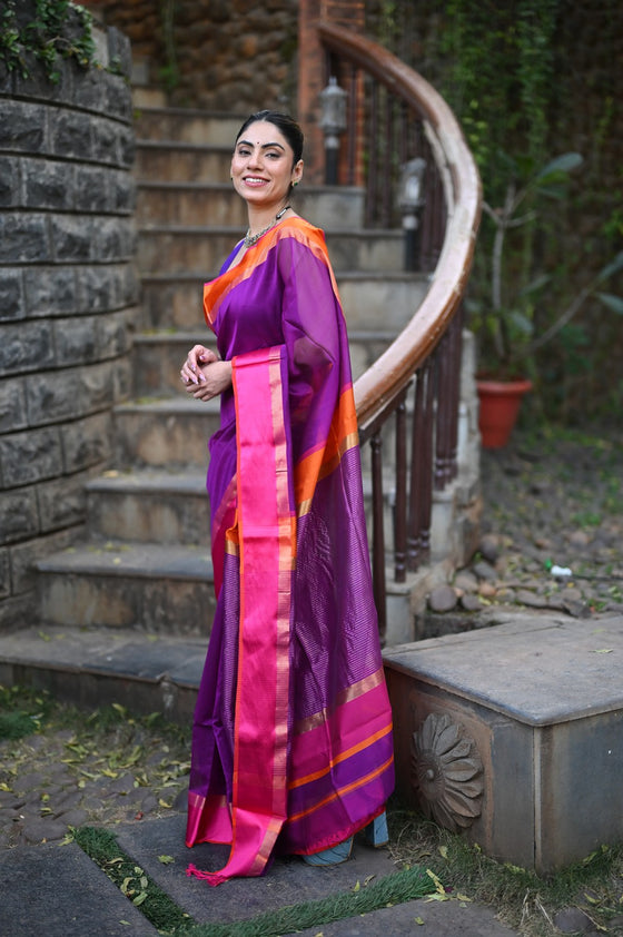 Tarang ~ Handloom Cotton Silk Sleek Designer Border in Purple & Orange Pink