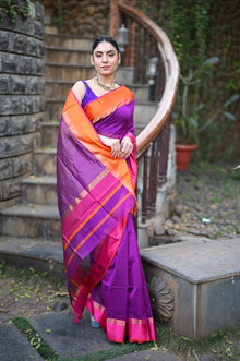  Tarang ~ Handloom Cotton Silk Sleek Designer Border in Purple & Orange Pink