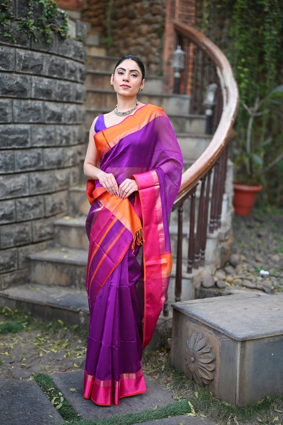 Tarang ~ Handloom Cotton Silk Sleek Designer Border in Purple & Orange Pink
