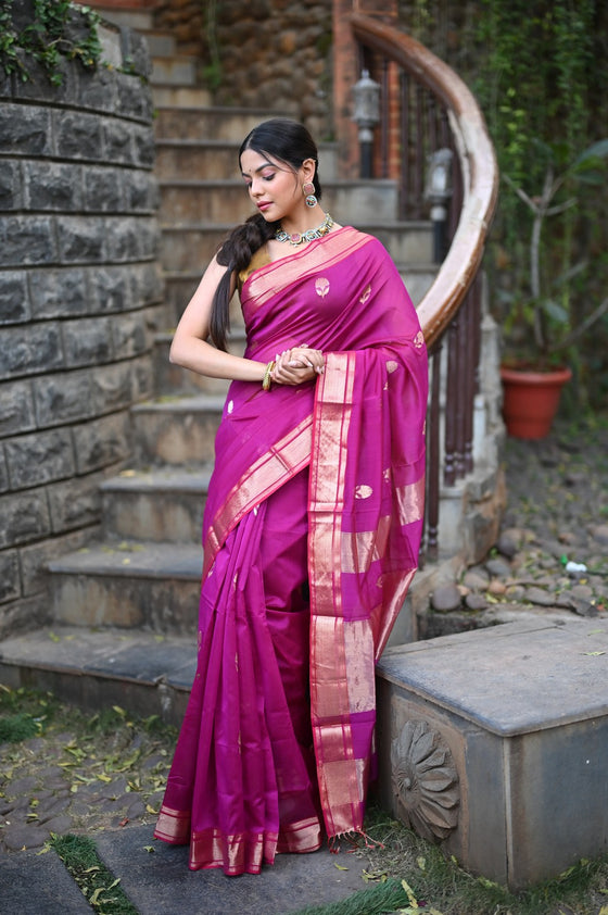 Tarang ~ Handloom Cotton Silk Sleek Designer Border in Rose Pink with Exclusive Buttis