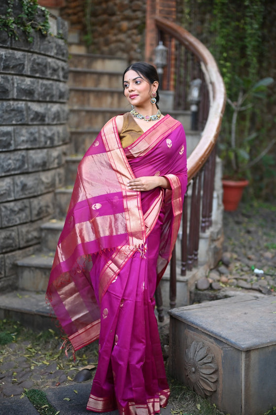 Tarang ~ Handloom Cotton Silk Sleek Designer Border in Rose Pink with Exclusive Buttis