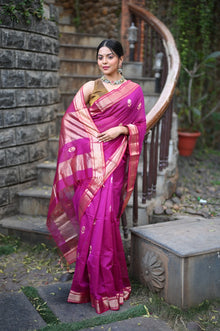 Tarang ~ Handloom Cotton Silk Sleek Designer Border in Rose Pink with Exclusive Buttis