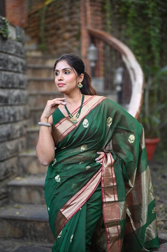 Tarang ~ Handloom Cotton Silk Sleek Designer Border in Royal Green with Exclusive Buttis