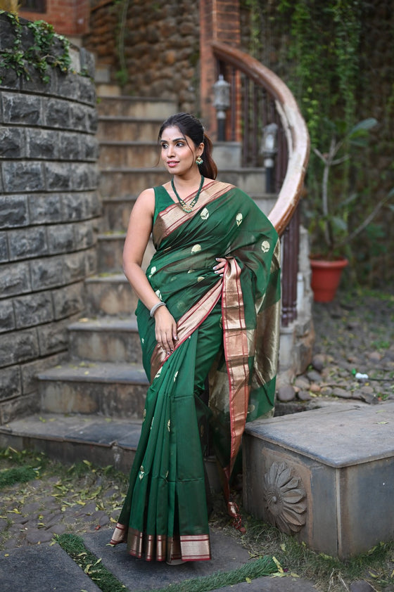 Tarang ~ Handloom Cotton Silk Sleek Designer Border in Royal Green with Exclusive Buttis