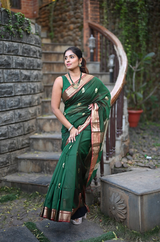 Tarang ~ Handloom Cotton Silk Sleek Designer Border in Royal Green with Exclusive Buttis