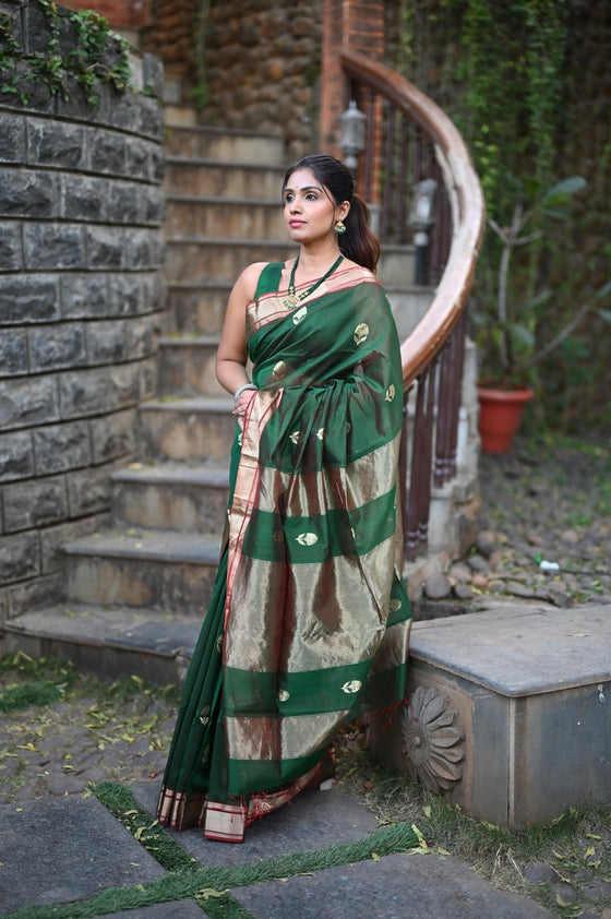 Tarang ~ Handloom Cotton Silk Sleek Designer Border in Royal Green with Exclusive Buttis
