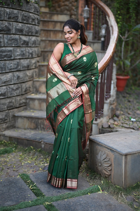 Tarang ~ Handloom Cotton Silk Sleek Designer Border in Royal Green with Exclusive Buttis