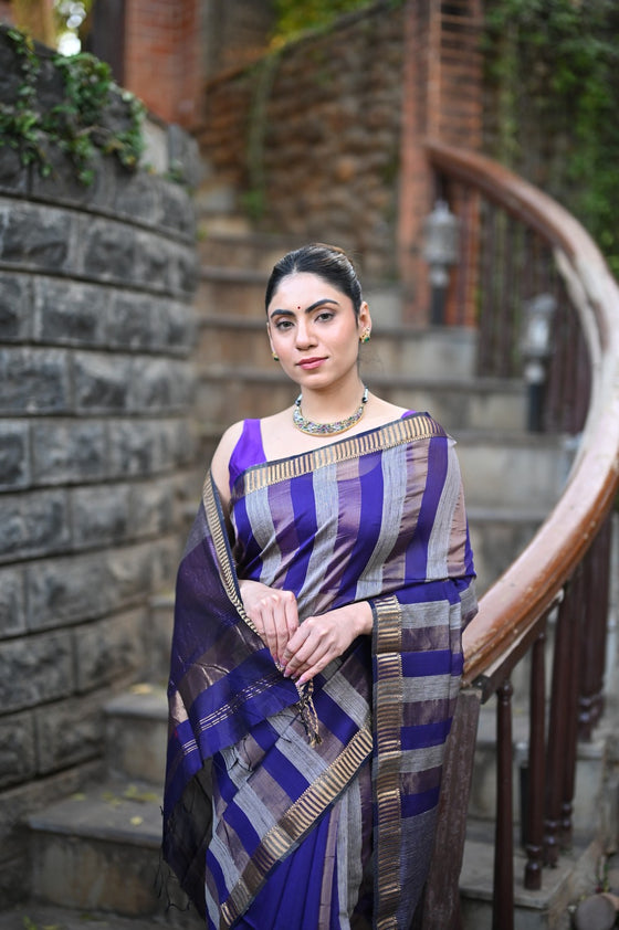 Tarang ~ Handloom Cotton Silk Linear Stripes Sleek Designer Border in Royal Blue