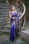 Tarang ~ Handloom Cotton Silk Linear Stripes Sleek Designer Border in Royal Blue