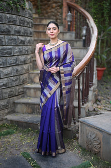  Tarang ~ Handloom Cotton Silk Linear Stripes Sleek Designer Border in Royal Blue